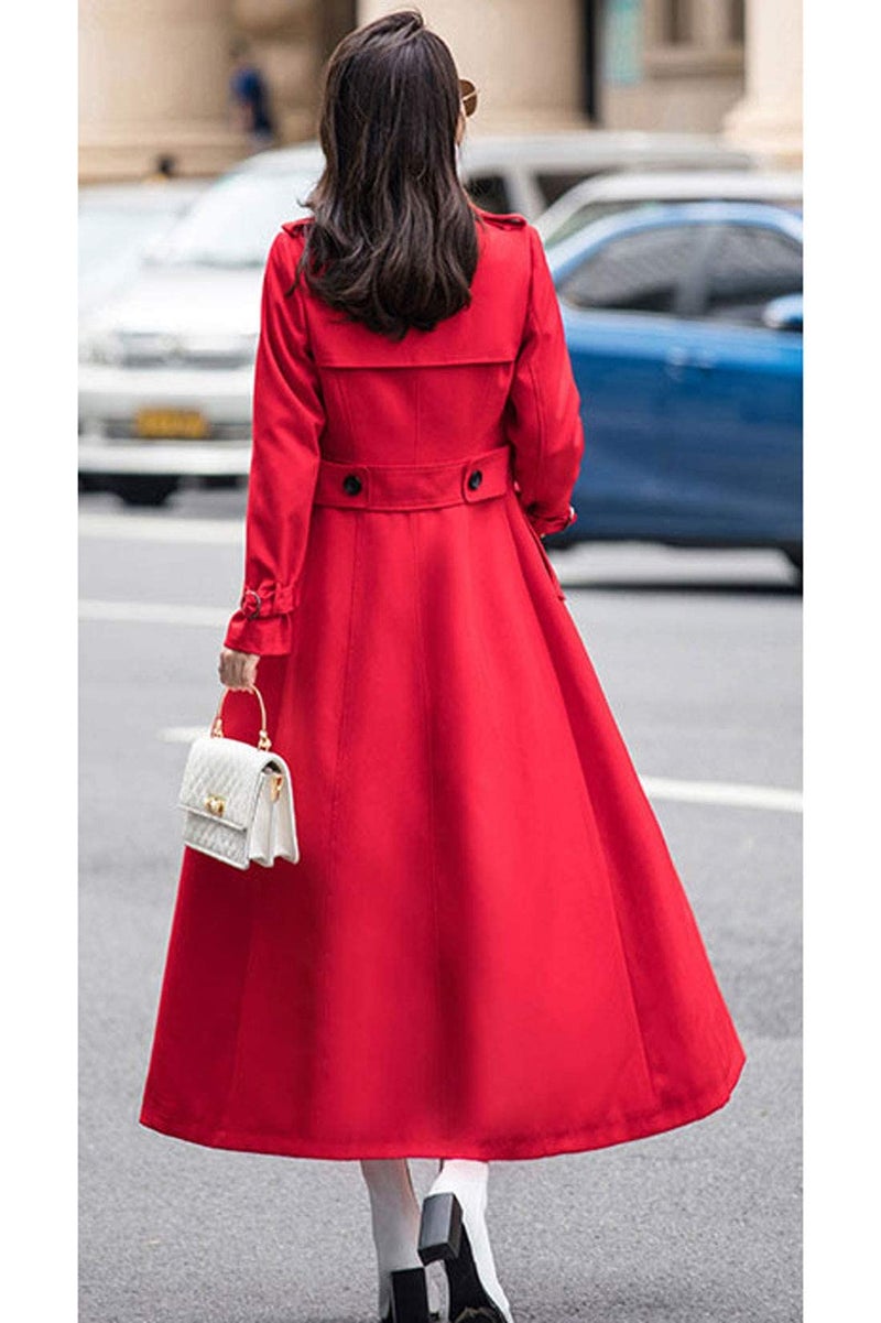 ebossy Women's Double Breasted Duster Trench Coat Slim Full Length Maxi Long Overcoat (Medium, Red) - Image 5